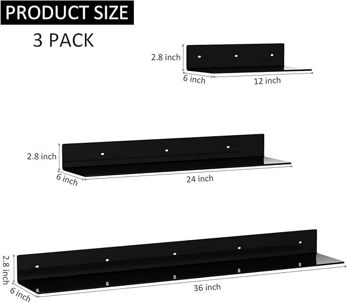 Black 12, 24 & 36 Inches Acrylic Floating Shelves, Black Multi Size Wall Shelves 36 24 12, Living Room Wall Décor Storage Shelves for Decorations, Plant Stands-NeatNest