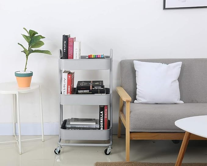 Melody House 3-Tier Metal Mesh Utility Rolling Cart Storage Organization Cart with Wheels, Light Gray