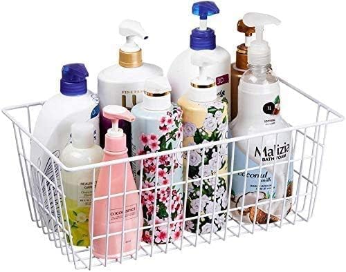 Freezer Wire Storage Organizer Bin Baskets with Handles, Metal Wire Baskets Storage for Organizing Fridge, Closets, Pantry, Kitchen, Garage, Bathroom, White - 4 Pack
