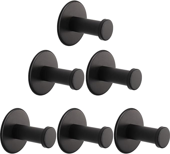 Bath Towel Hooks, 6 Pack Self Adhesive Coat Hooks, Sturdy No Drilling Robe Hook, SUS 304 Stainless Steel Heavy Duty Clothes Hanger, Wall Hooks for Bathroom Bedroom Kitchen (2 in, Black)