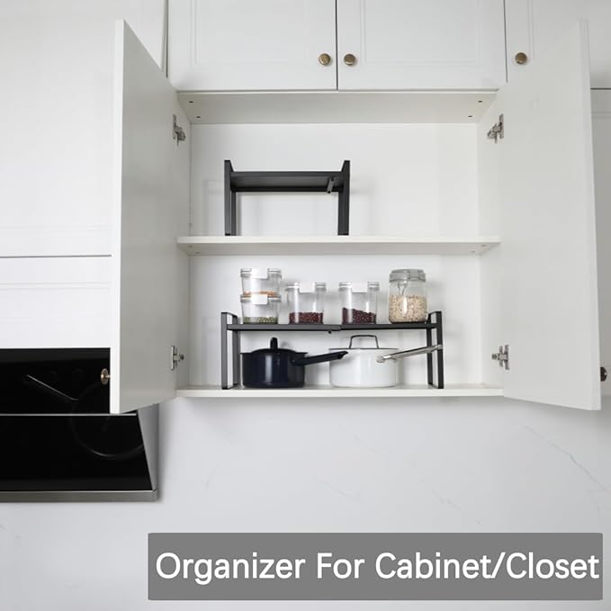 Expandable Cabinet Shelf Organizer Riser for Kitchen Pantry Cupboard Under Sink Countertop (black, 8.2’’D * 12.2-21.6’’W * 7.7’’H)-NeatNest