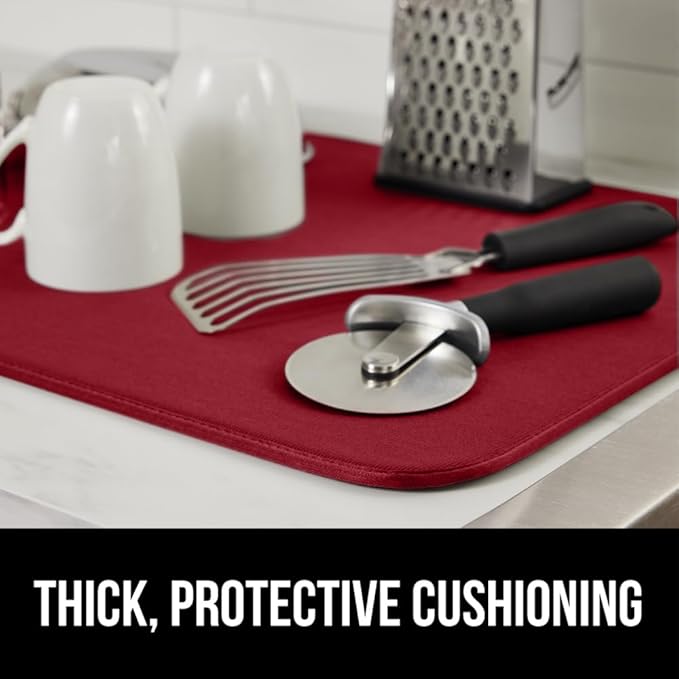 GORILLA GRIP Ultra Water Absorbent Microfiber Dish Drying Mat, 18x24, Quick Dry Thick Mesh, Slip Resistant Pad for Sink Dishes or Under Rack, Kitchen Counter Accessories, Machine Wash Mats, Red