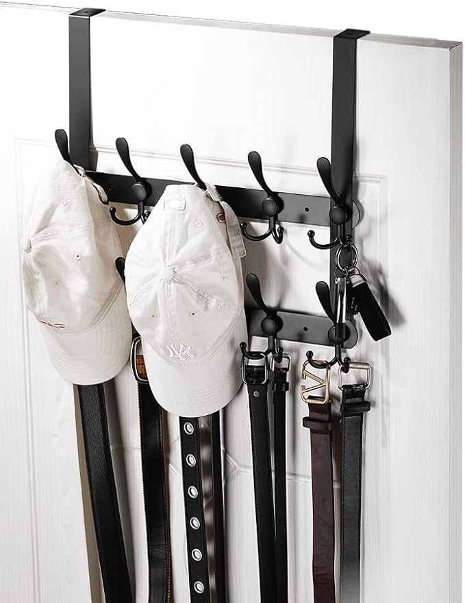 Over The Door Tri Hook Door Hanger, Belt Organizer Rack, 30 Coat Hooks, 2-Tier Holds Over 60 Belts, Heavy Duty Metal Towel Hanger with Triple-Hook Design, Over Door Coat Towel Rack, Back of Bathroom.