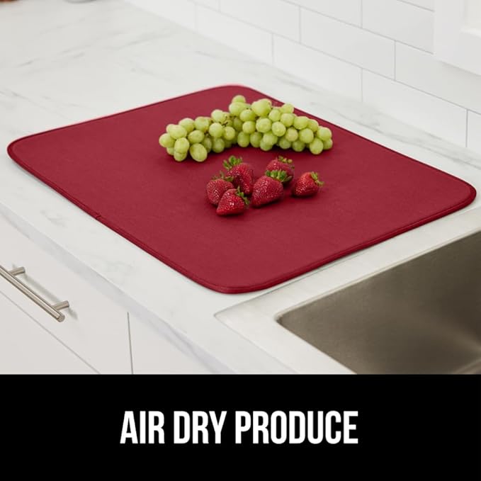 GORILLA GRIP Ultra Water Absorbent Microfiber Dish Drying Mat, 18x32, Quick Dry Thick Mesh, Slip Resistant Pad for Sink Dishes or Under Rack, Kitchen Counter Accessories, Machine Wash Mats, Red