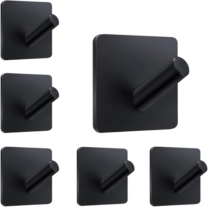 Adhesive Towel Hooks 6 Pack, Bath Towel Hooks, Adhesive Wall Hooks for Bathroom Coat Robe Kitchen, Stainless Steel self-Adhesive Hooks, Black