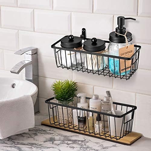 SheeChung Farmhouse Decor Metal Wire Bathroom Storage Organizer Basket Bins - for Cabinets, Shelves, Closets, Vanity Countertops, Under Sinks, Pantry, Laundry Room, Garage - Small, 2 Pack (Black)