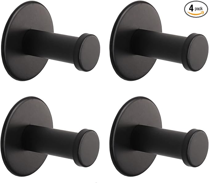 Bath Towel Hooks, 4 Pack Self Adhesive Coat Hooks, Sturdy No Drilling Robe Hook, SUS 304 Stainless Steel Heavy Duty Clothes Hanger, Wall Hooks for Bathroom Bedroom Kitchen (2 in, Black)