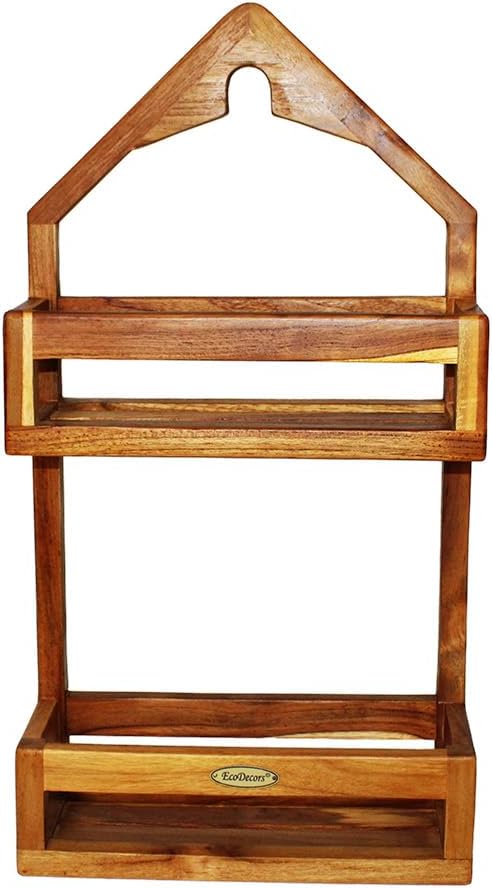 EcoDecors Teak Shower Caddy, Solid Wooden Organizer Rack Over Shower Head, Rustproof, Eco-Friendly Bathroom Storage Shelf, Fully Assembled, Spa Upgrade