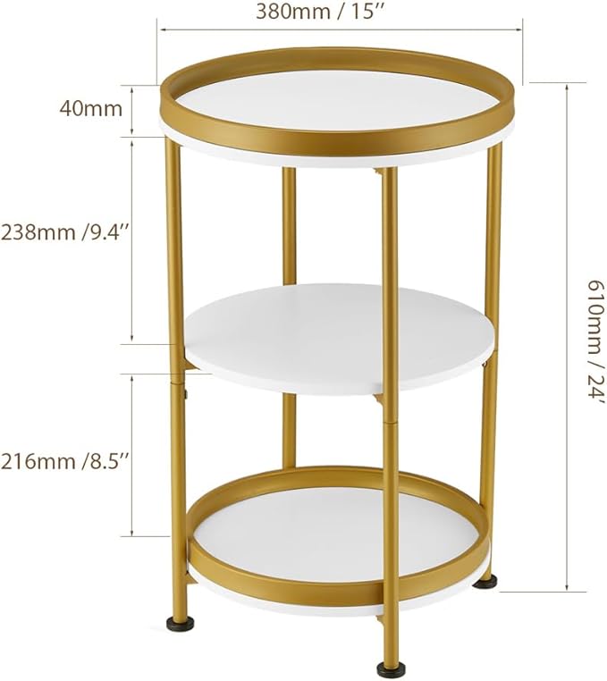 Dulcii Round Side Table with Storage Tray for Living Room, 15" L x 15" W x 24" H Bedroom Nightstand 3 Tiers Bedside Table with Steel Frame for Small Spaces (White & Gold)