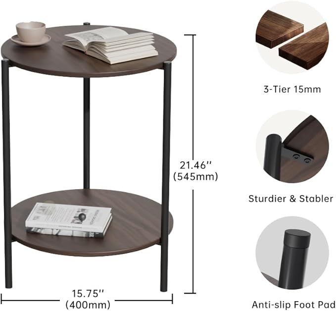 Side Table, Round End Table with 2-Layer Storage Rack, 15.7" Small Spaces Circle Table, Metal Frame Design Small Side Tables, for Living Room, Bedroom, Vintage Wood