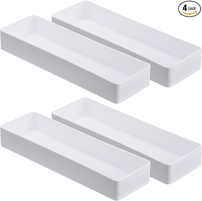 4 Pack Plastic Drawer Organizer 9.5 x 3 x 1.4 Inch Tabletop Organizer Tray Stationery Holder White Half Accessory Tray Stackable Storage Container for Vanity Office Home Utensils Gadgets Shelf Kitchen-NeatNest