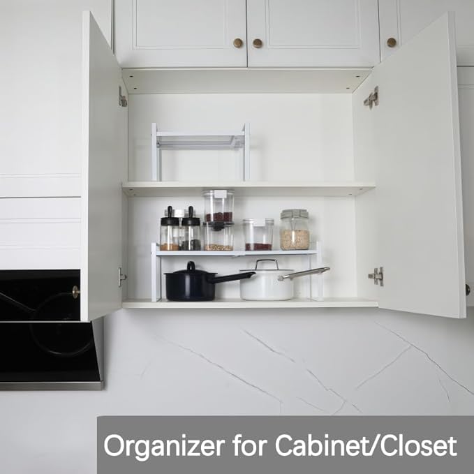Expandable Cabinet Shelf Organizer Riser for Kitchen Pantry Cupboard Under Sink Countertop (white, 8.2’’D * 12.2-21.6’’W * 7.7’’H)-NeatNest