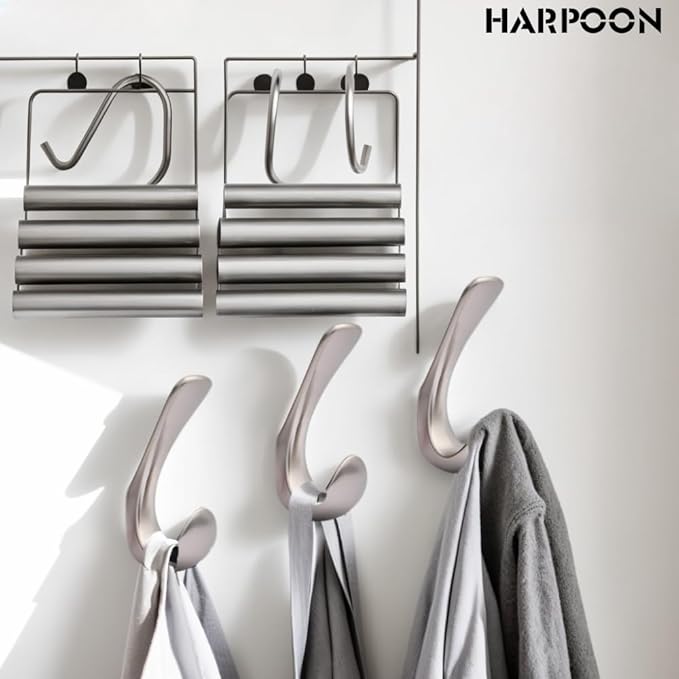 HARPOON 5 Pack Towel Hooks for Bathrooms Wall Mounted, Brushed Satin Nickel Bathroom Hooks for Towels, Robe & Towel Hook for Wall, 3.5 Inch Modern Bath Towel Hook