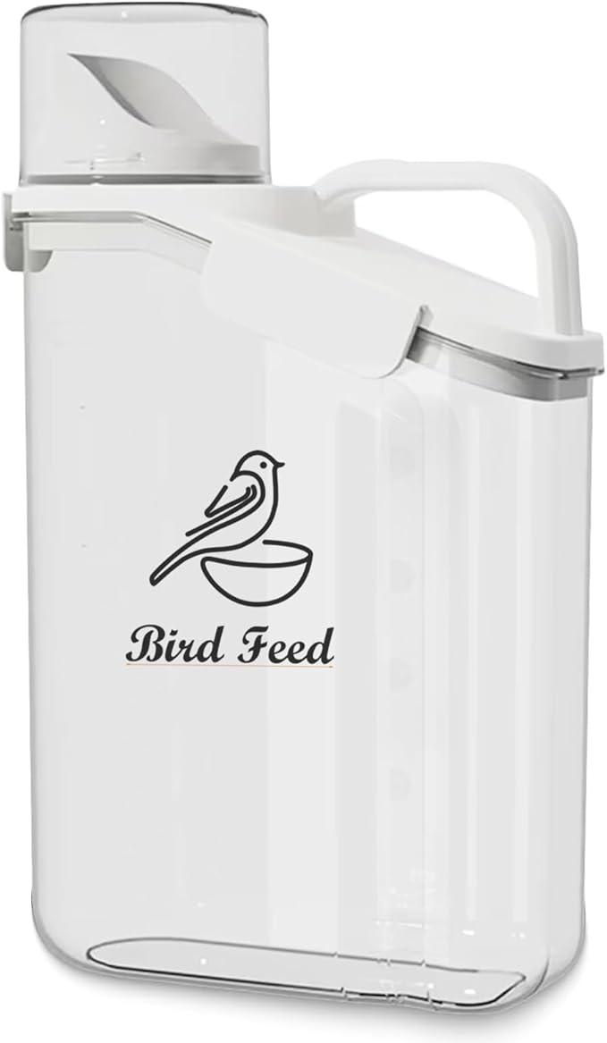 Bird Seed Storage Container,2.8L Airtight Bird Food Container with Handle and Measuring Cup,Portable Pet Food Container for Wild Bird Sunflower Seed-BPA Free Transparent/White-NeatNest