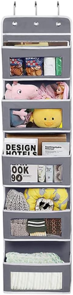 Joyful Moose Over the Door Organizer with 5 Clear Window Pockets – Hanging Behind the Door Storage Rack for Closet, Bathroom, Bedroom, Pantry – Space-Saving Door Organizer Hanging System – Gray-NeatNest