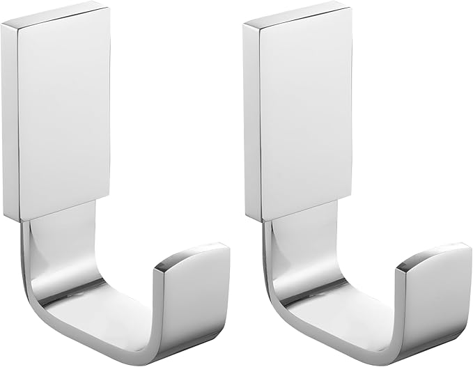 BESy Brass Clothes Hook Single Towel Hook for Bathroom Kitchen Garage Square Style Robe Hooks Coat and Hat Hook, Self Adhesive with Glue or Wall Mounted with Screws, Two Packs, Polished Chrome-NeatNest
