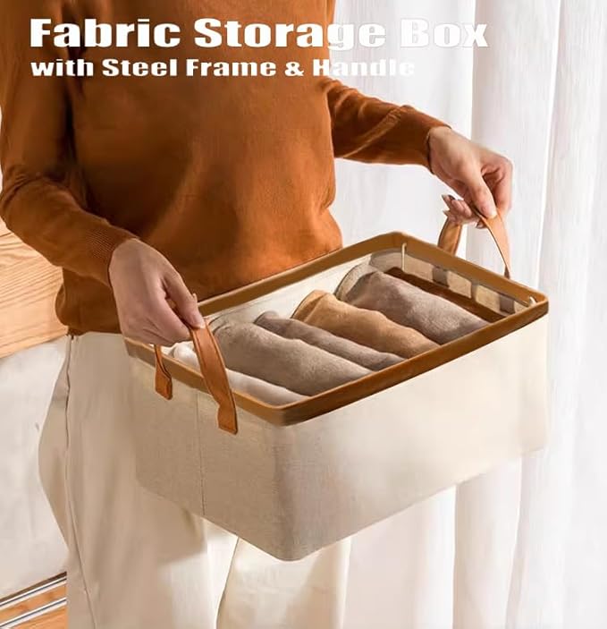 AARAINBOW 4 Pcs Closet Clothes Organizer with Handle, Fabric Storage Bin with Steel Frame Closet Shelf Box Stackable Shelf Storage Baskets Foldable Wardrobe Storage Box for Cltohes Toys, 20L (4 White)-NeatNest