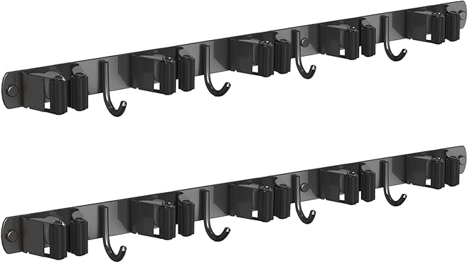 2 Pack Mop and Broom Holder Wall Mount, Non-slip Broom Hanger Wall Mount, Heavy Duty Mop Broom Organizer for Kitchen Garden Garage Laundry Room Wall Decor Organization and Storage Black 5R4H-NeatNest