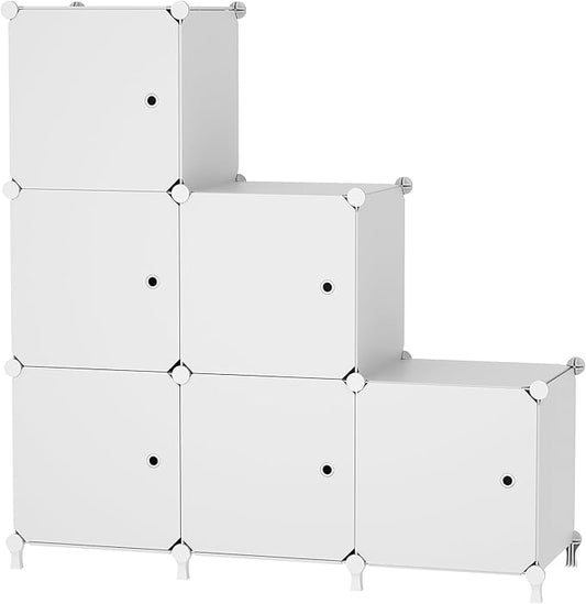 Cube Storage Organizer, 6-Cube Shelves Unit with Doors, DIY Stackable Plastic Clothes Organizer for Bedroom and Under Stairs Storage Unit, Each Compartment 30 x 30 x 30 cm White ATTSL6002-NeatNest