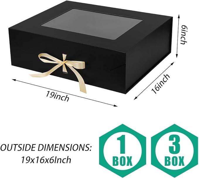3 Pcs Extra Large Black Gift Box for Presents with Ribbon 19x16x6 Inches Clear Gift Box with Window Magnetic Closure Gift Boxes with Lids-NeatNest