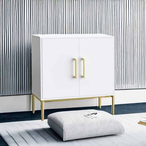 JOZZBY Buffet Sideboard Cabinet with Storage, Modern Wooden Cabinet with Adjustable Shelves, White and Gold Cabinets for Living Room, Kitchen, Hallway