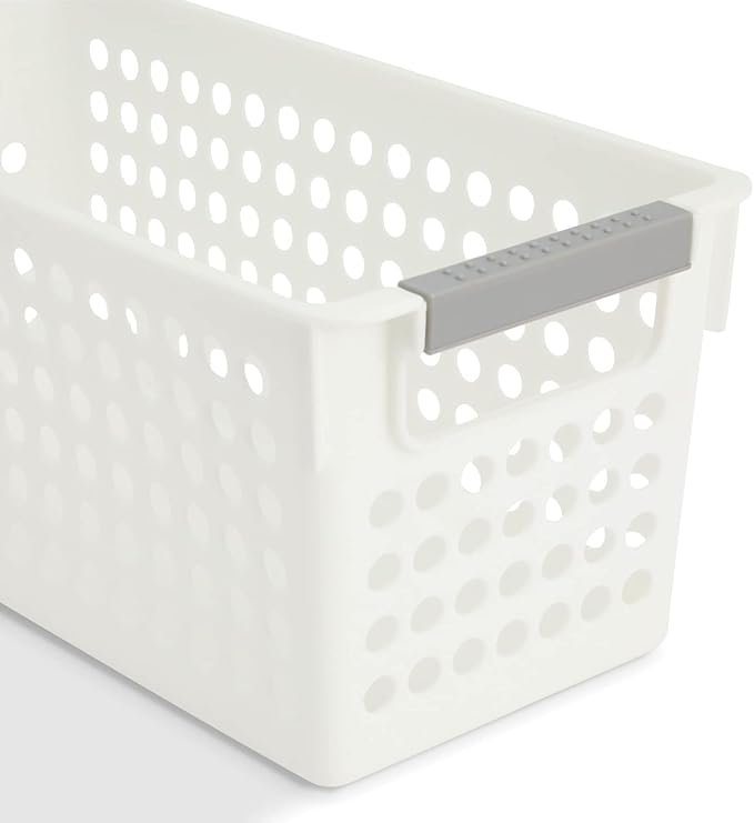 Farmlyn Creek Storage Baskets for Shelves - 4-Pack White Plastic Baskets w/ Gray Handles, 11.5 x 5.25 x 5 in - Narrow Shelf Bins & Closet Storage Bins for Bathroom, Nursery