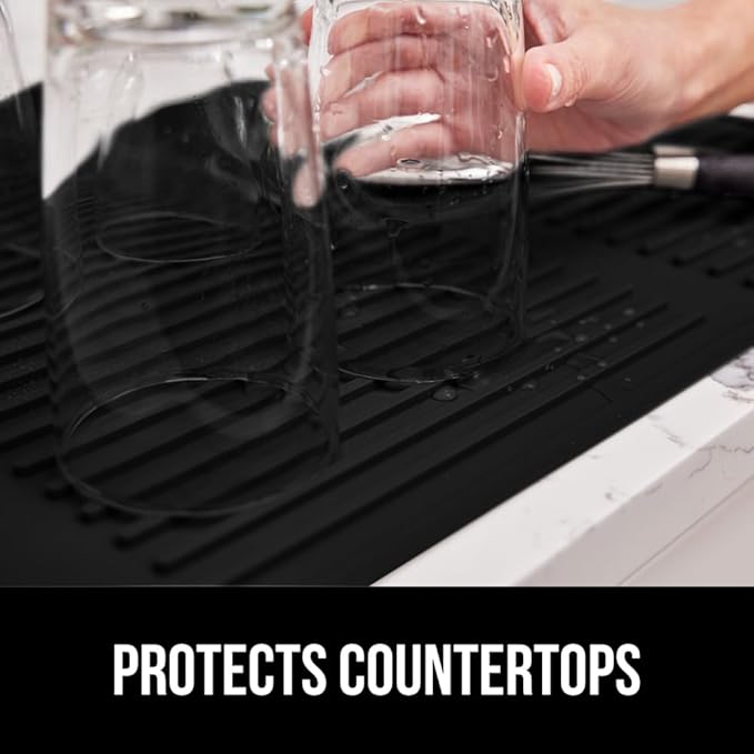 GORILLA GRIP 100% BPA-Free Patented Silicone Dish Drying Mat for Kitchen Counter, Water Catching Ribbed Design, Easy Clean Waterproof Sink Liner, Heat Resistant, Fits Under Rack, 16x12 Inch, Black