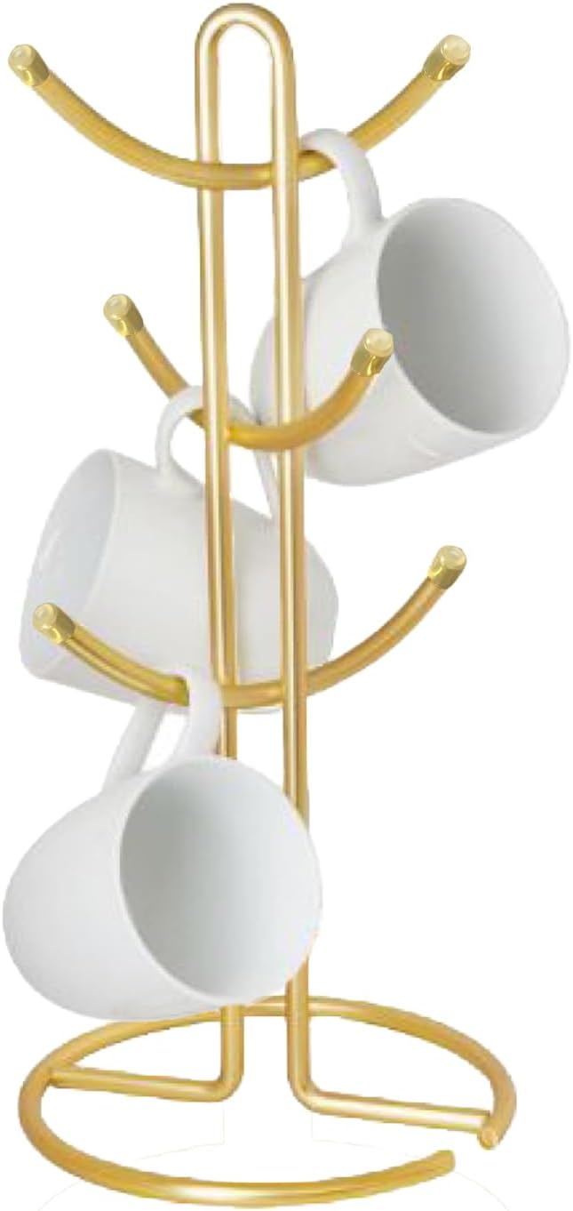 FitWell Mugs Holder, Mug Tree, Coffee Mug Holder, Coffee Mug Tree, Mug Organizer for Cabinet, Mug Holder Stand, Coffee & Tea Cup Storage Rack (Gold, 6 Mugs (15"H))-NeatNest