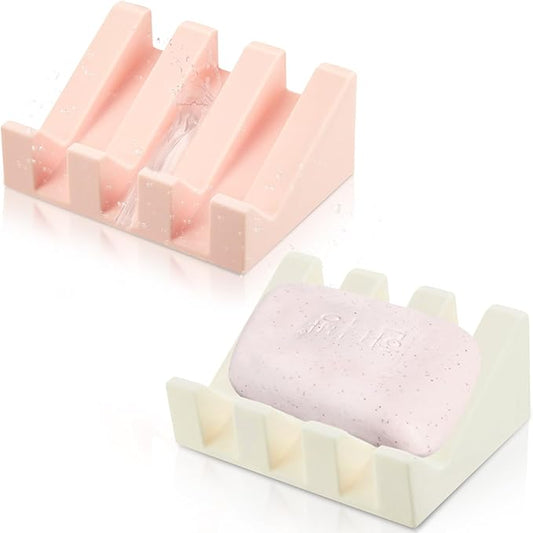 Cunhill 2 Pieces Silicone Soap Dish Self Draining Soap Dish Shower Waterfall Bar Soap Holder Tray with Drain Soap Saver for Kitchen Bathroom Accessories (Light Pink,Bright White)-NeatNest