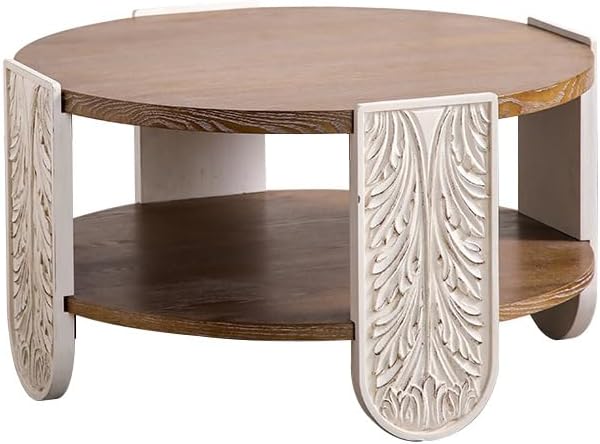 kevinplus 31.89'' Round Wood Coffee Table 2-Tier Circle Craft Rustic Coffee Table for Living Room, Modern Retro Farmhouse Carved Style, Easy Assembly, Natural Wood