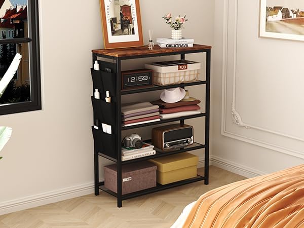 HOMEFORT 5 Tiers Shoe Rack for Entryway,30" Shoe Storage Shelf for Closet, Shoe Organizer with Adjustable Mesh Shelves, for 15-20 Pairs of Shoes, Industrial Shoe Stand with Side Pocket, Rustic Brown