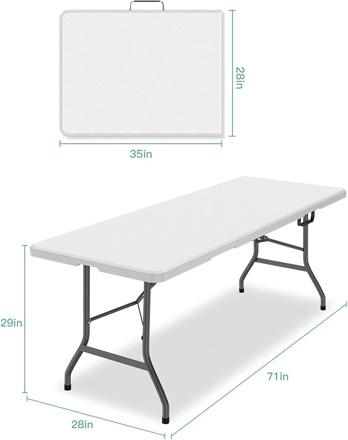 Generic 6 ft Folding Table, Portable Heavy Duty HDPE Fold-in Table, Lightweight Folding Table, Foldable Plastic Card Table for Party, Dining, Barbecue, Board Game with Carrying Handle - White-NeatNest