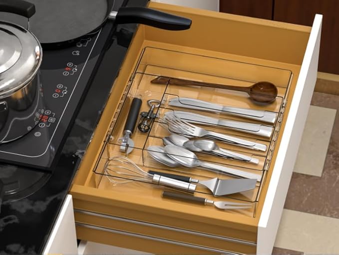 IEEK Silverware Drawer Organizer Tray for Kitchen,Expandable Utensil Tray Multipurpose Drawer Dividers Adjustable Cutlery and Flatware Holder,Plastic Spoon Forks Knives Holder Storage Divider,Clear-M-NeatNest