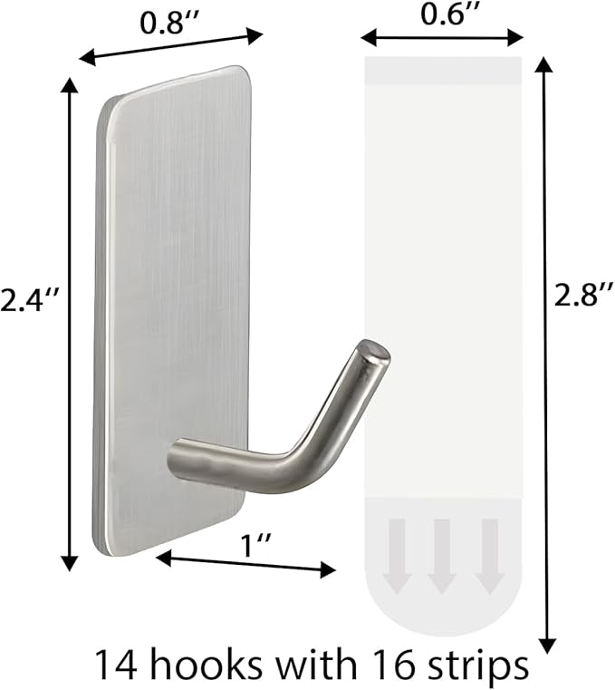 14 Pcs Towel Hooks with Removable Strips for Hanging, Adhesive Wall Hooks Heavy Duty, Outdoor No Damage, Sticky Hook for Bathrooms, Shower, Stockings, Decor, Robe, Small, Silver 304 Stainless Steel