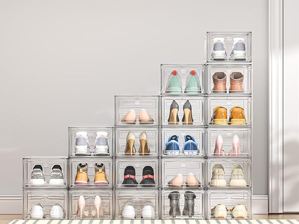 Upgrade Harder Solid Plastic Shoe Organizer, Shoe Storage with Magnetic Front Door, Shoe Rack 6 Pack Shoe Boxes Clear, Sneaker Storage, Shoe Organizer for Closet, Shoe Display Case, White-NeatNest