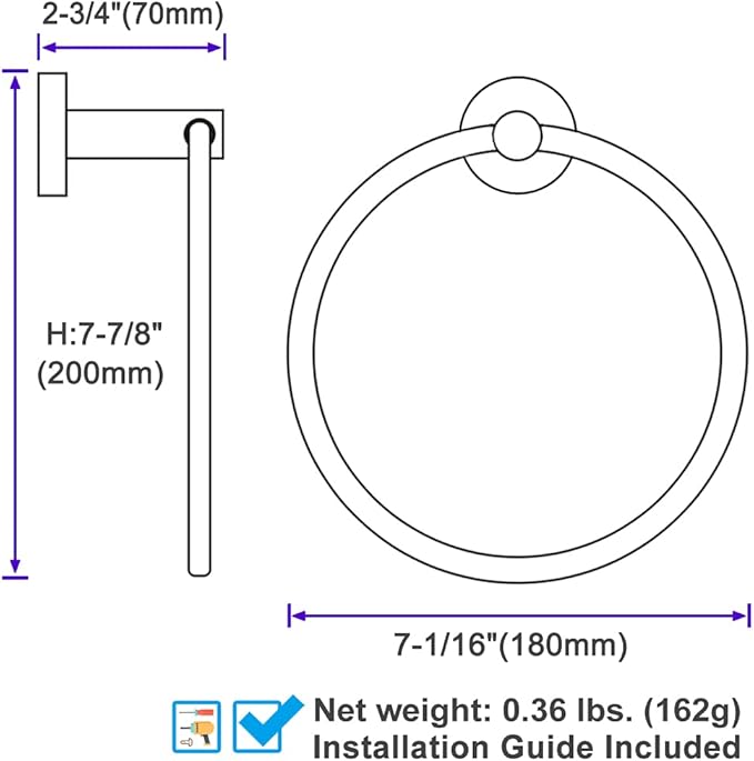 Towel Ring Matte Black, Angle Simple Stainless Steel Bathroom Hand Towel Rack, Wall Mounted Face Towel Holder