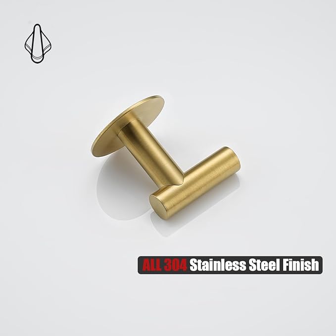 JQK Self Adhesive Towel Hook Gold, No Drill Stick on Coat Robe Clothes Wall Hook for Bathroom Kitchen Garage 4 Pack, 304 Stainless Steel Brushed Gold, ATH110-BG-P4