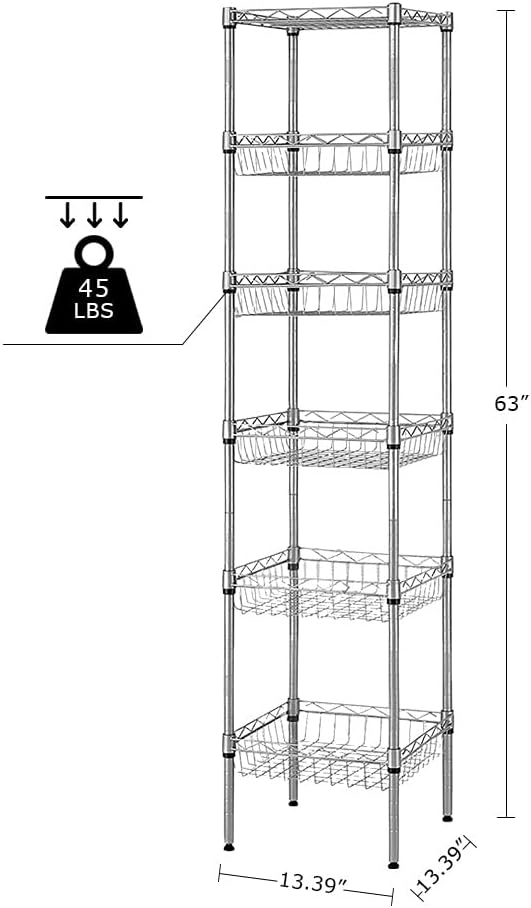 6 Tier Narrow Wire Shelving Unit with Basket, Adjustable Narrow Metal Shelf with Hooks, Tall Narrow Storage Shelves for Small Spaces, Bathroom, Laundry, Kitchen, 13.5"D X 13.5"W X 63"H, Silver
