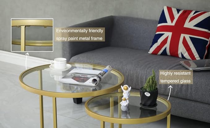 Round Nesting Coffee Table Gold Set of 2 for Living Room, Modern Side Tables with Sturdy Metal Frame and Tempered Glass.Minimalist End Table,Cocktail Table for Dining Room,Home Decor