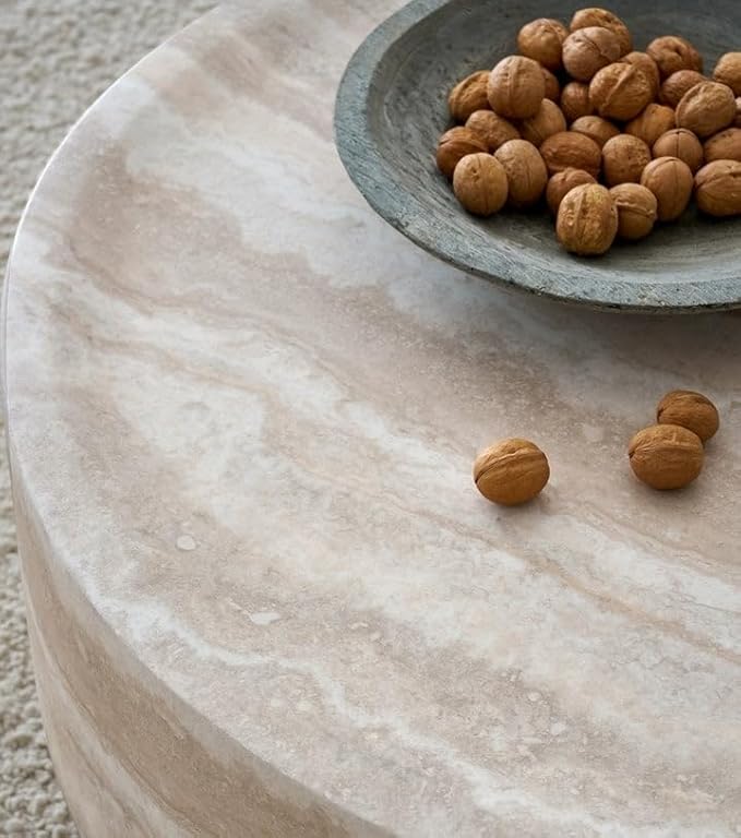 Marble Coffee Table, Modern Round Coffee Table, Circle Drum Coffee Tables, Fiberglass Center End Table for Living Room Apartment Office, No Assembly (35.43" Faux Marble)