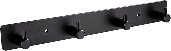 Adhesive Bathroom Black Hook Rail, 4 Matte Black Wall Key Hooks Rack Hanger Towel Robe Stick Door Hooks for Bathroom Toilet Entryway Hallway Kitchen Wall Mounted