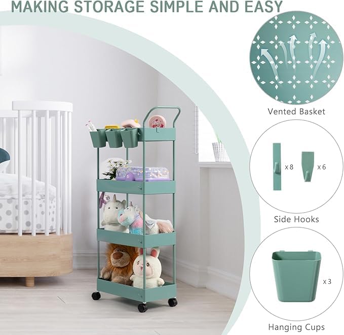 danpinera Slim Storage Cart on Wheels, 4 Tier Narrow Laundry Cart with Hooks Hanging Cups Dividers Mobile Rolling Lash Cart with Handle for Bathroom Small Spaces, Green