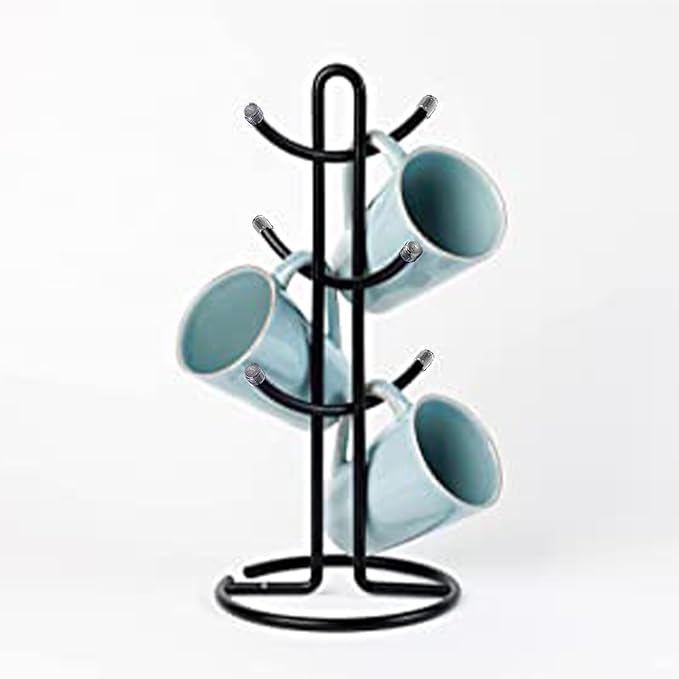 FitWell Mugs Holder, Mug Tree, Coffee Mug Holder, Coffee Mug Tree, Mug Organizer for Cabinet, Mug Holder Stand, Coffee & Tea Cup Storage Rack (Black, 6 Mugs (15"H))-NeatNest