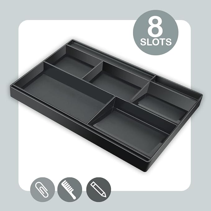 Acrimet Desk Drawer Organizer Tray with 8 compartments Bin Multi-Purpose for Desk Supplies and Accessories (Plastic) (Black Color)-NeatNest