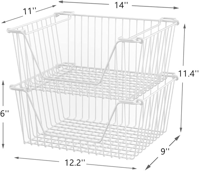 Slideep 14" Large Bin Baskets Stacking Baskets Sturdy Metal Wire Storage Baskets Organization with Handles for Pantry, Kitchen, Closets, Bathroom, Cabinets, Kitchen,White, Set of 3