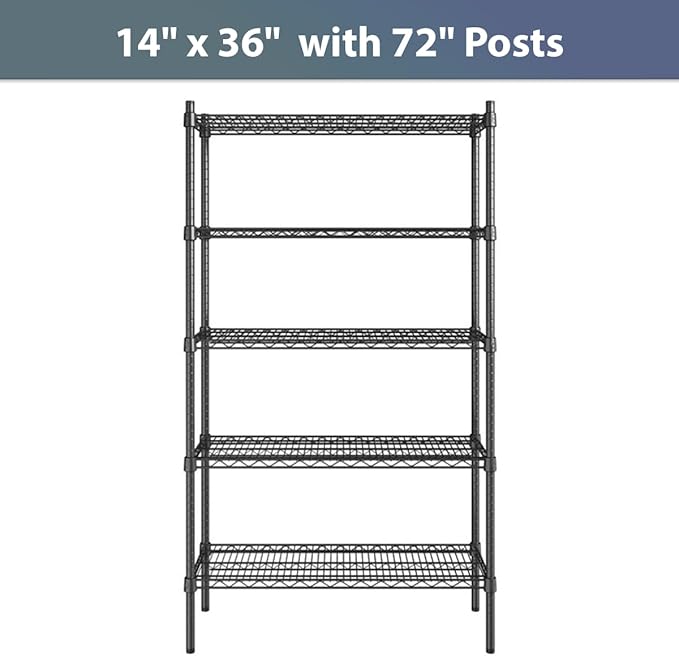 14" x 36" NSF Black Epoxy 5-Shelf Kit with 72" Posts, Commercial Storage Rack Unit, Heavy Duty Storage Shelving, Wire Shelving Kit, Adjustable Rack Strong Steel, Multipurpose Wire Shelf