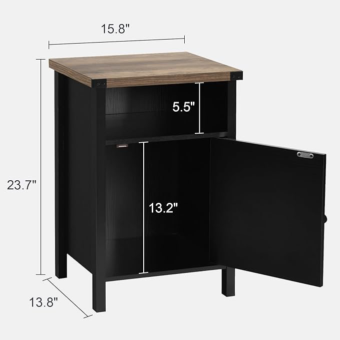 Farmhouse End Table, Nightstand, End Tables with Barn Door and Shelf, Wooden Sofa Side Table, Modern Bed Side Table Rustic Nightstands Set of 2, Bedroom, Living Room, Black