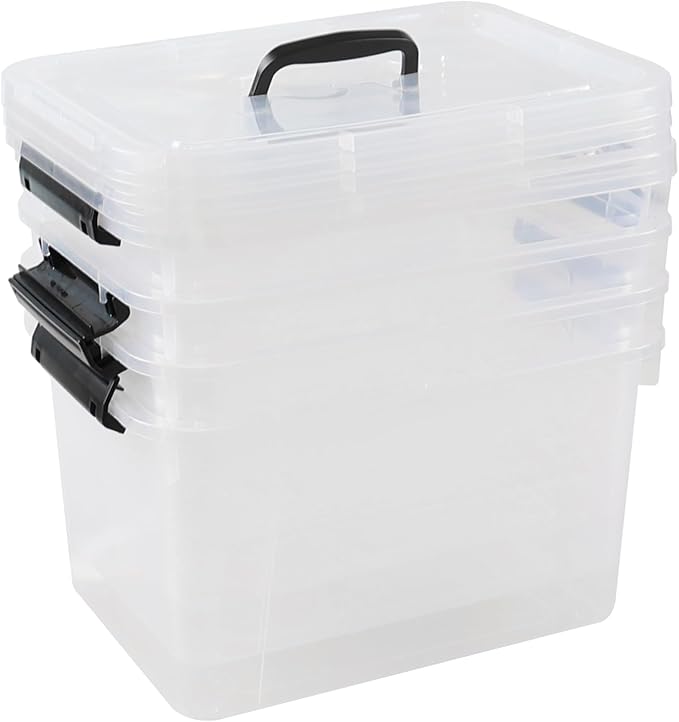 Hespama 4 Pack Clear Storage Bins with Handle, 12 Quart Plastic Lidded Organizer Box