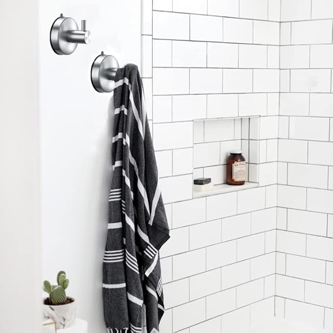DGYB Suction Cup Hooks for Shower Set of 2 Brushed Nickel Towel Hooks for Bathrooms SUS 304 Stainless Steel Shower Hook for Loofah 15 Lb Bathroom Hook for Towels-NeatNest