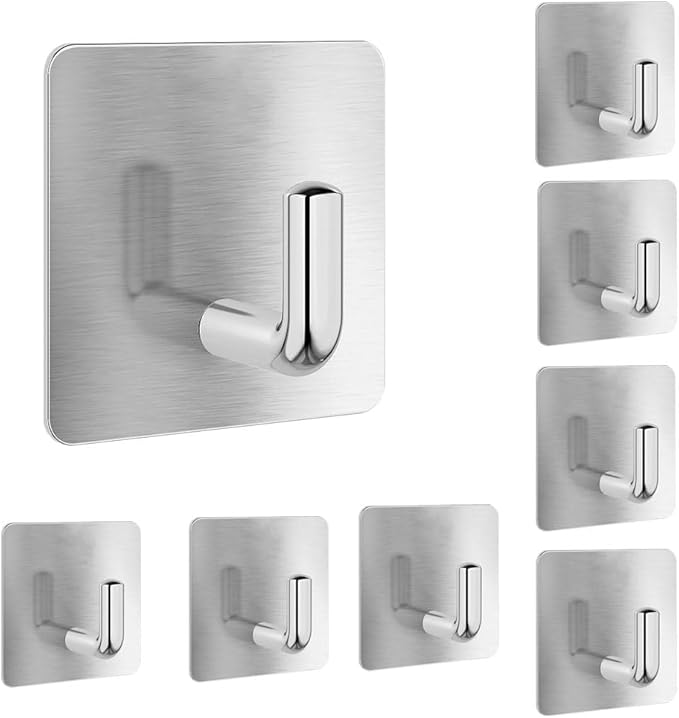 Adhesive Towel Hooks, 8 Pack Self Adhesive Coat Sticky Hooks for Hanging, Stainless Steel Stick on Wall Hat Hook, Bathrooms Kitchen Livingroom Garage, Silver